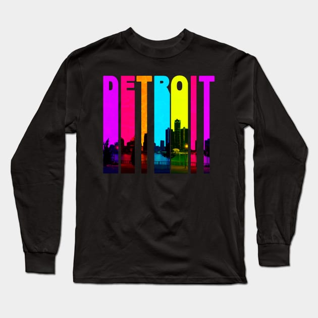 Retro Detroit Michigan Cityscape Skyline Long Sleeve T-Shirt by phughes1980